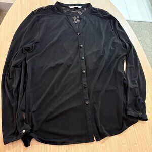 Erin London Lace Blouse Large Black Sheer Back Panel Button Front Long Sleeve